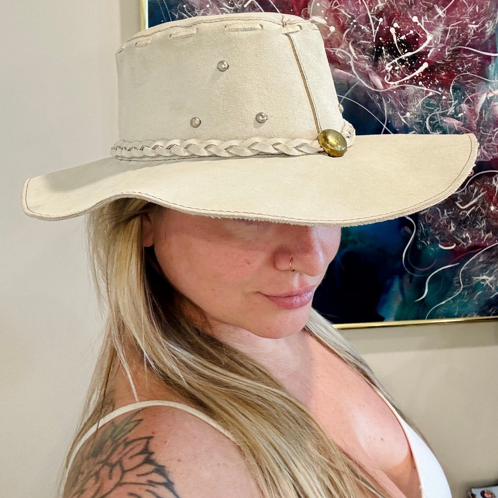 Vintage Genuine Leather Suede Outback Western Hat Braided Tassel 70's Medium